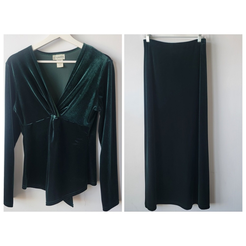 Gantos women's 2pc green velvet wrap top and‎ skirt twist-front detail Y2k
